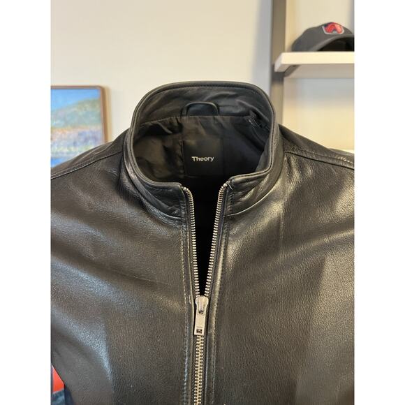 Theory Leather Jacket Mens Large Black Morvek Kelleher Zip Up Sheep Moto Coat - Picture 2 of 3